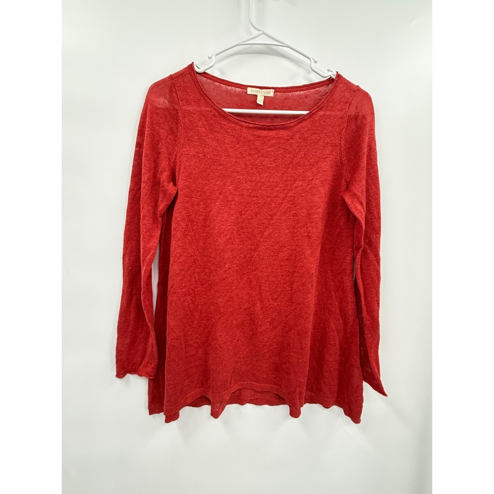 Eileen Fisher XS Linen Knit Top Womens Red Long Sleeve Scoop Neck Minimalist